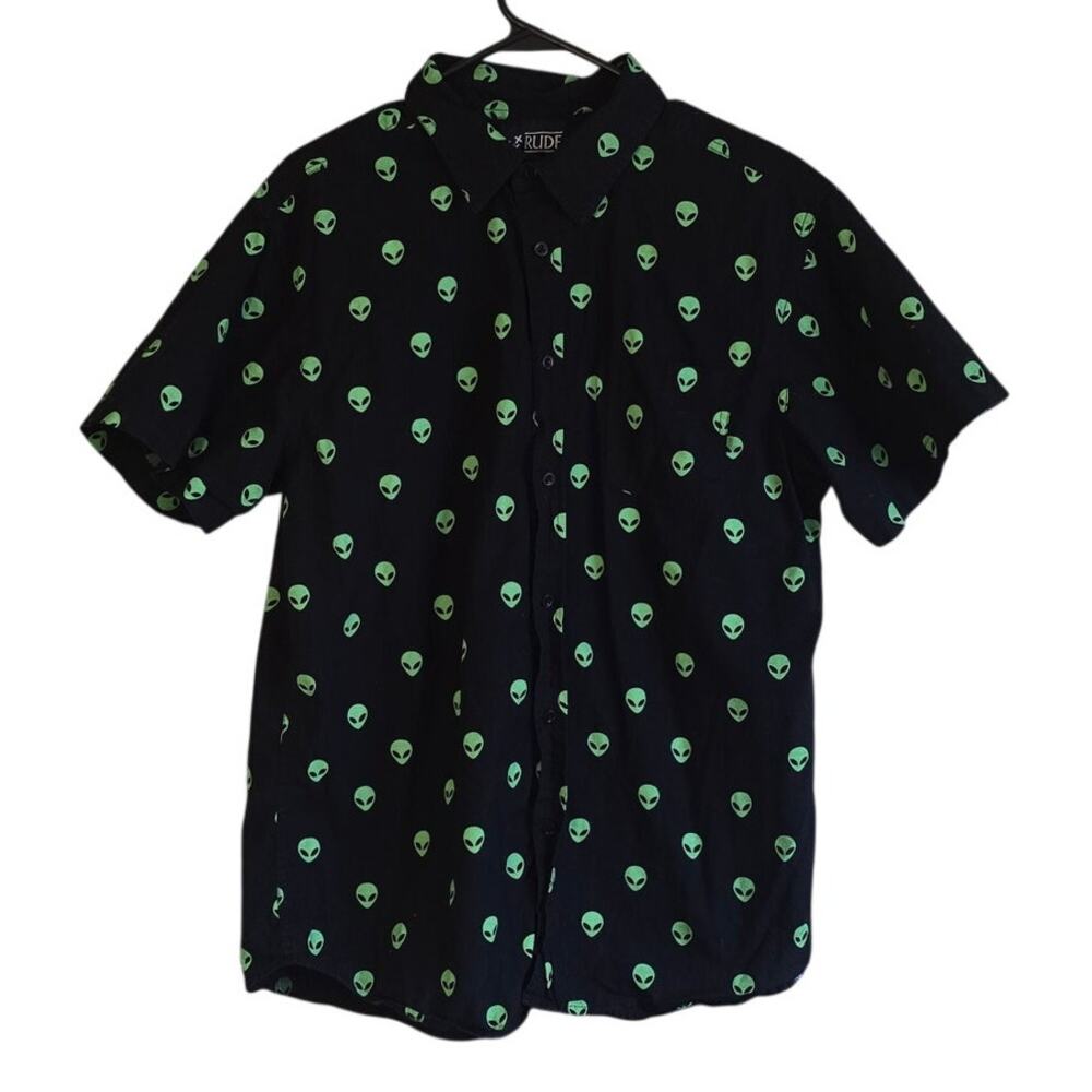 Rude alien head short sleeve button up shirt mens size xl